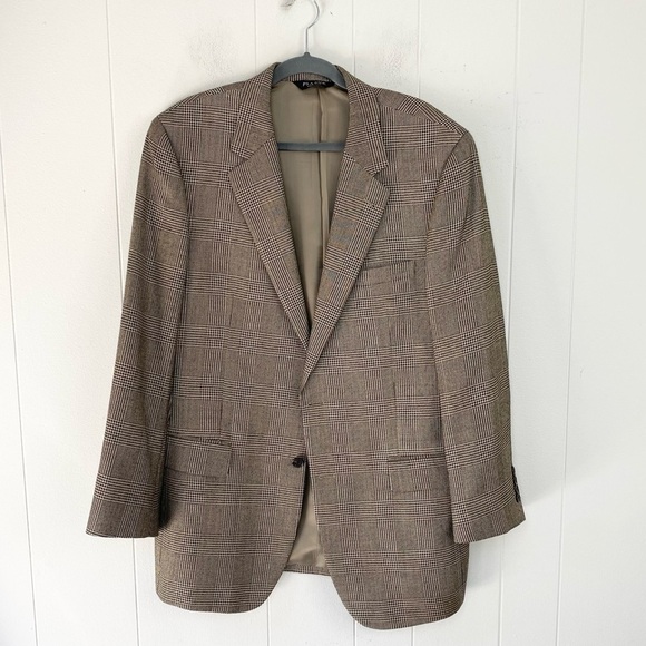 Jos A Bank Men’s L 42 Blazer Silk Camel Hair Plaid Two Button Sports Jacket Tan - Picture 1 of 13